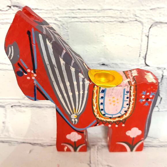 Handcrafted Set/3 Vintage Wooden Dala Horse Candleholders-Chinese Folk Art Décor - Picture 8 of 10